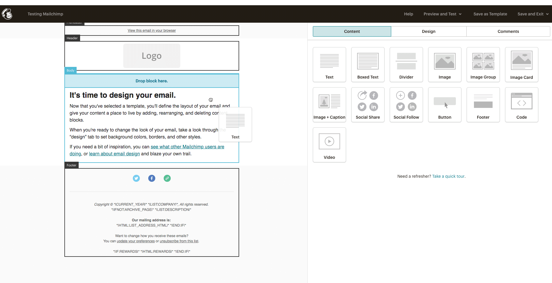 the UI of Mailchimp, a No Code email marketing tool