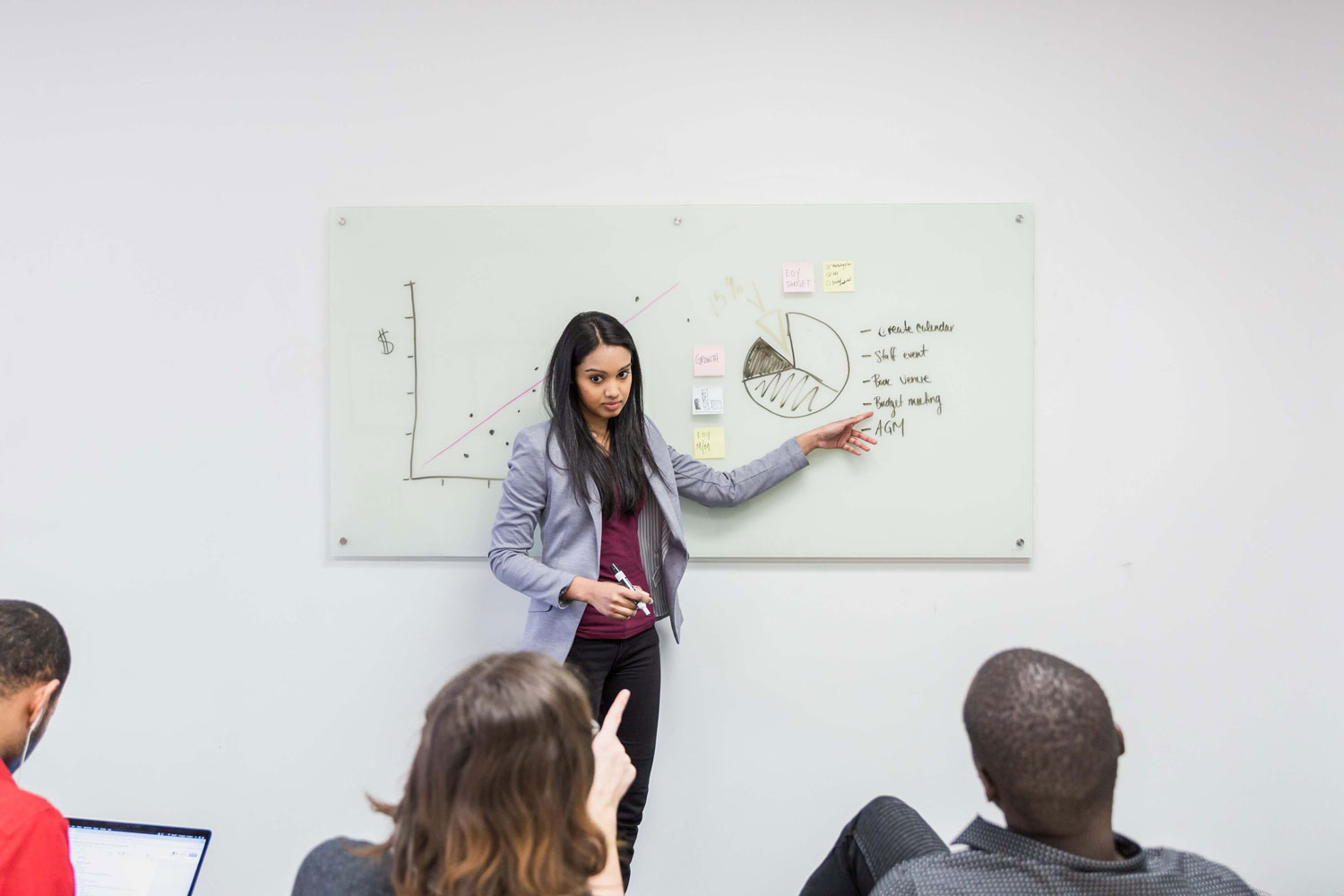 A young woman giving a business presentation