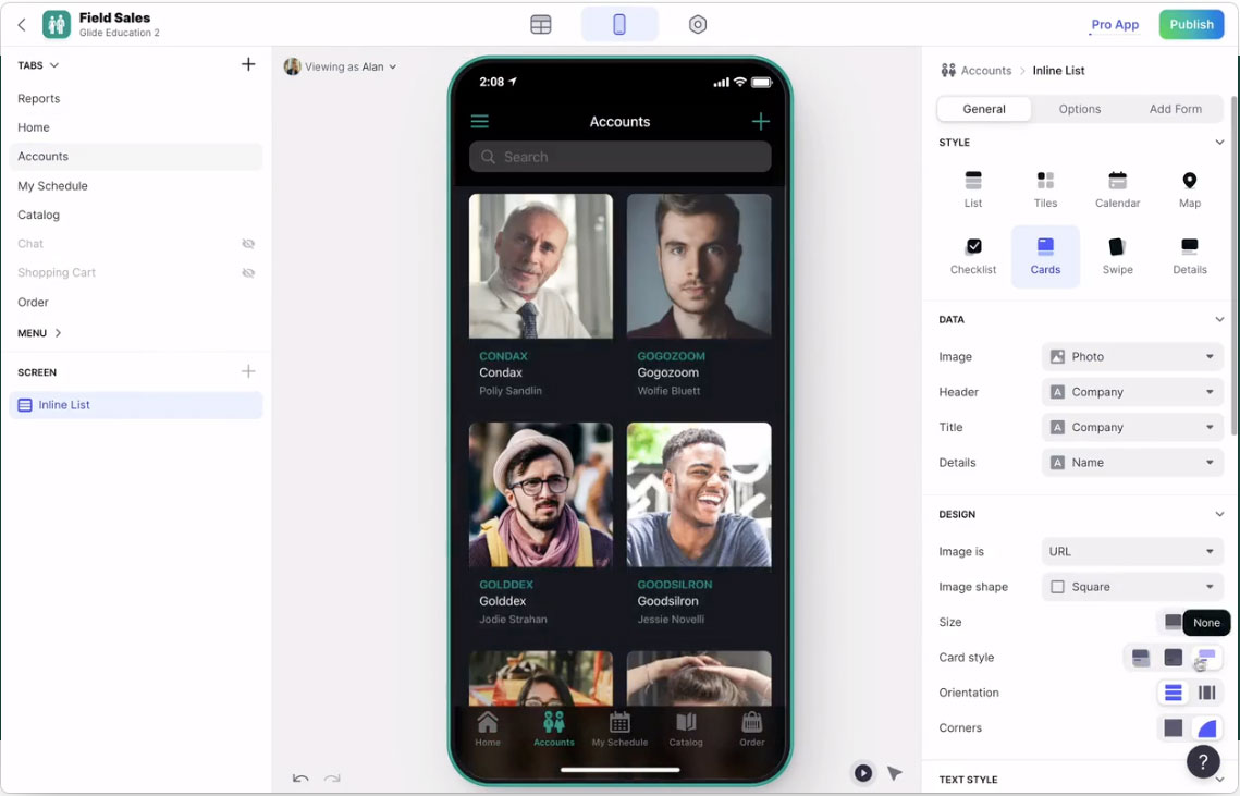 UI of Glide, an app development tool
