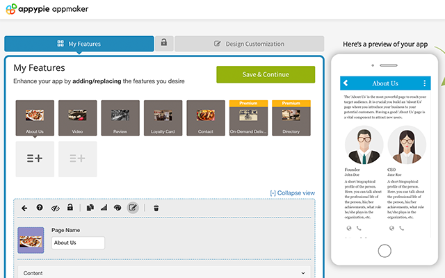User interface of Appypie development