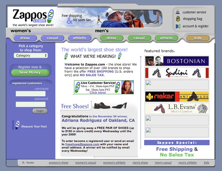 A screenshot of the original Zappos website