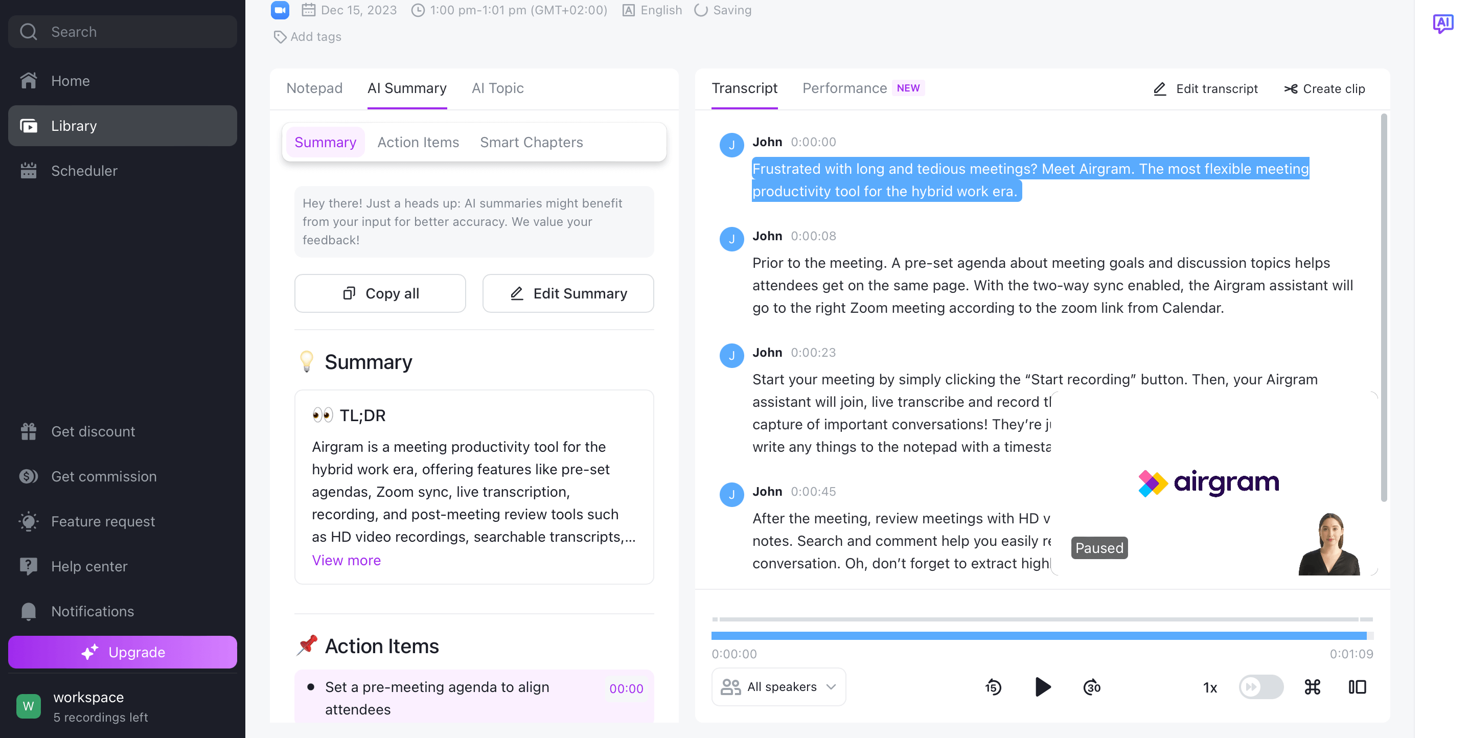 One of the transcription apps: Airgram
