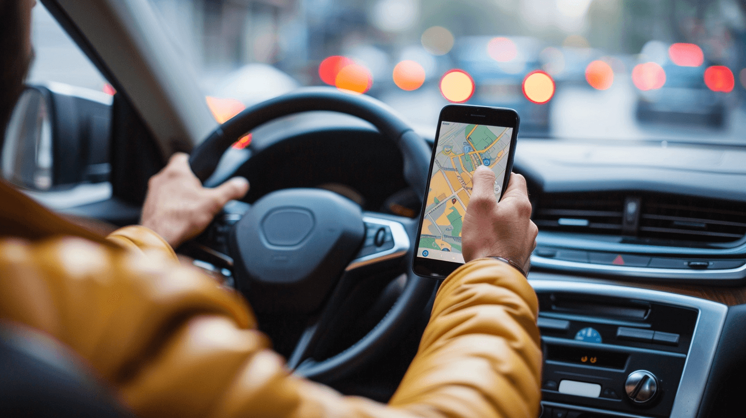 Person driving and looking at a phone