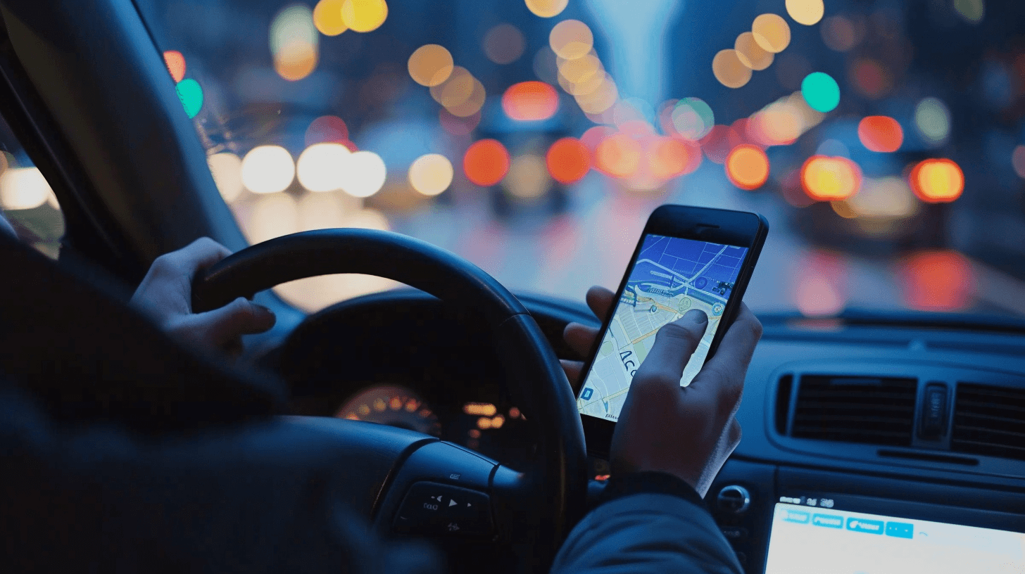 Person driving an looking at an app