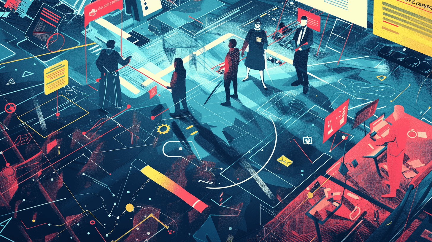 People working on many screens illustration