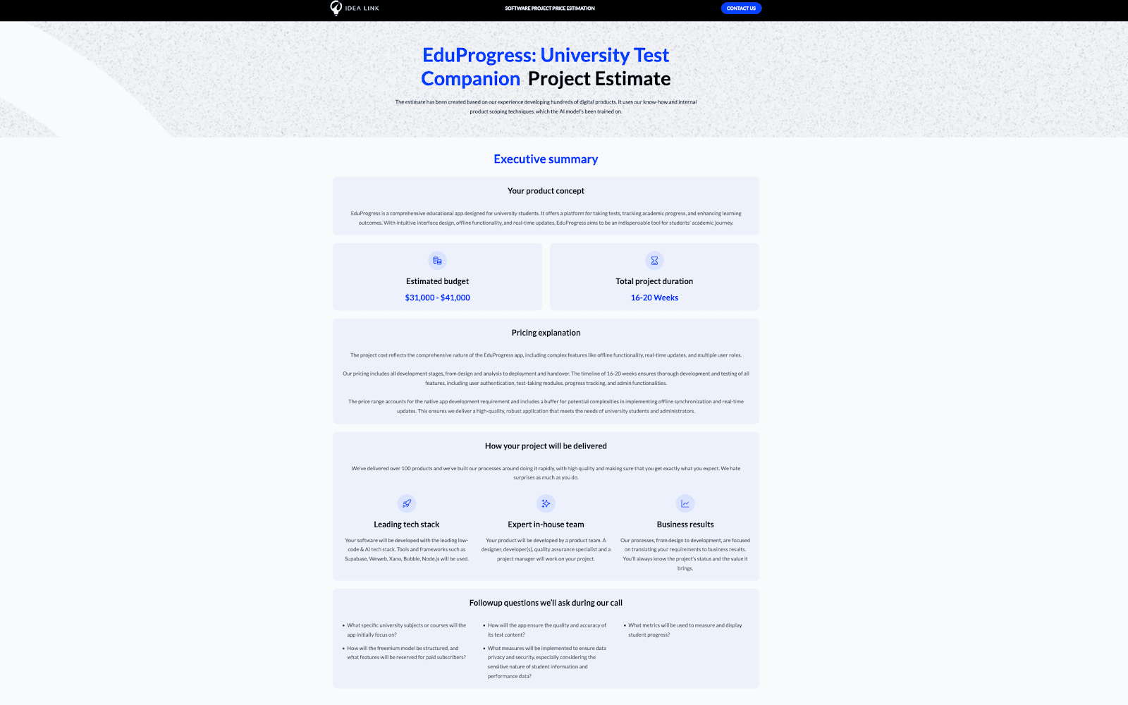 Educational app estimate 