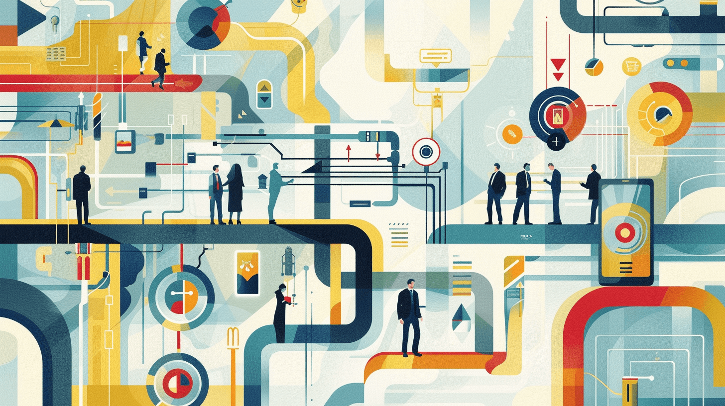 Illustration of many ppl working in an office, different floors