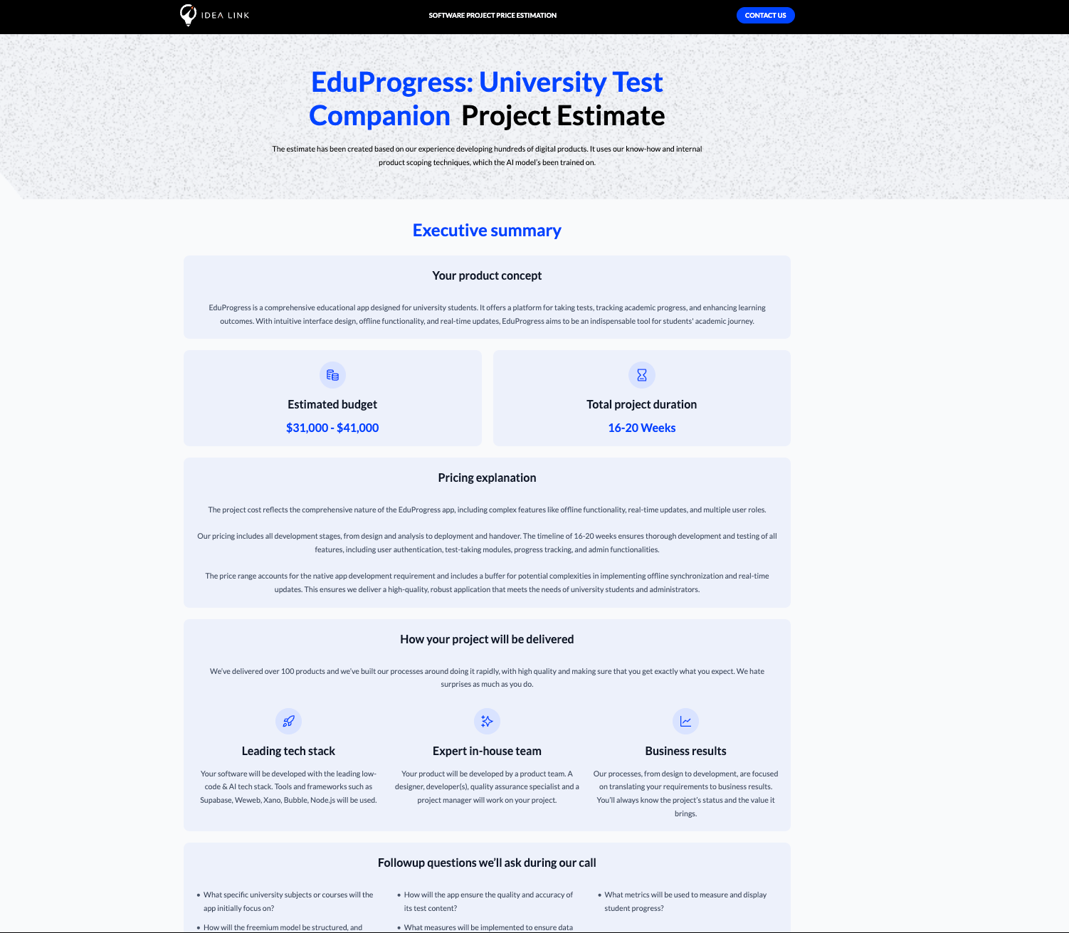 Educational app estimate