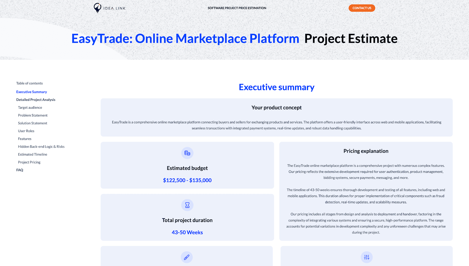 Estimate plan example- ebay