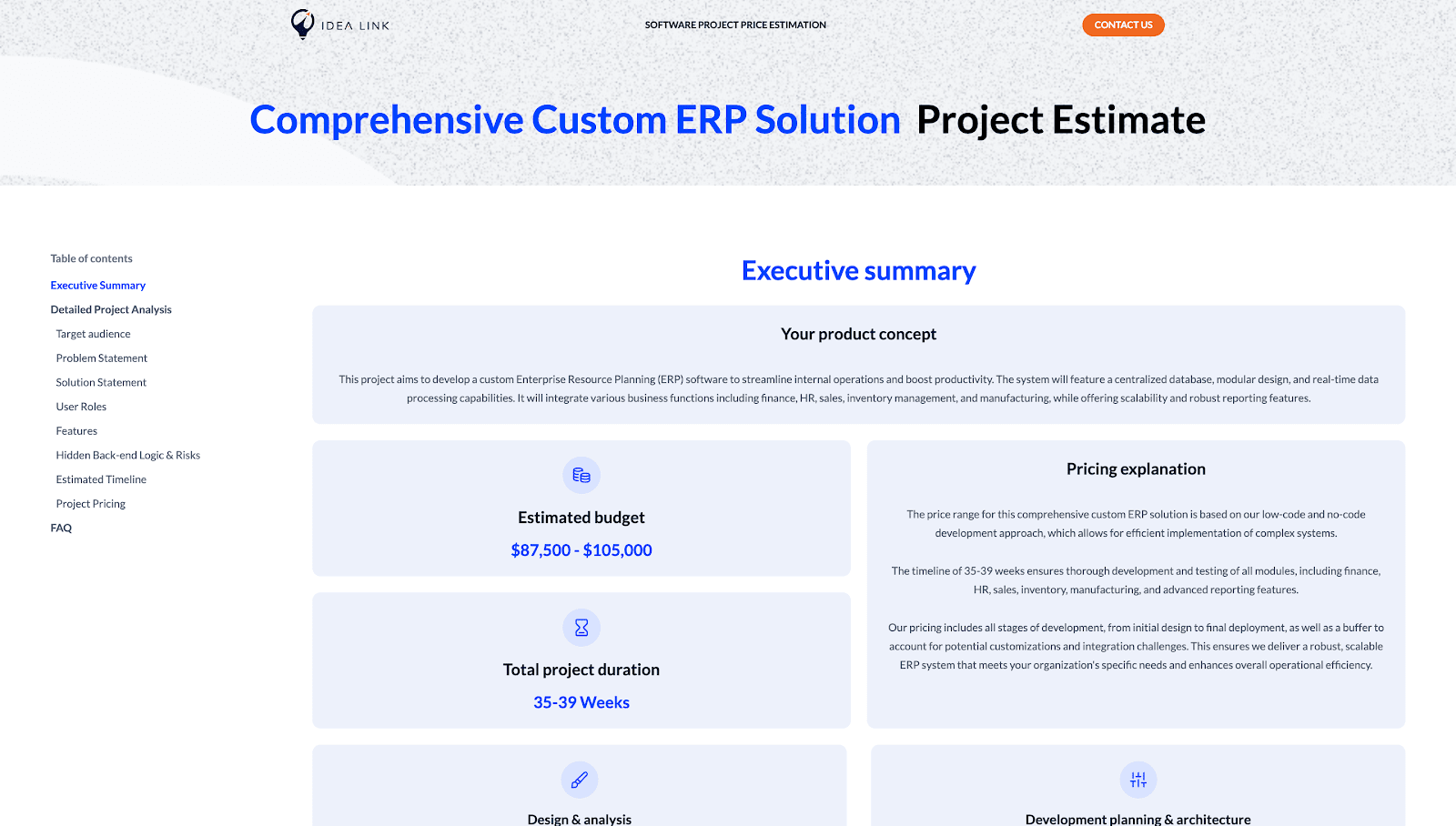 Custom ERP estimate