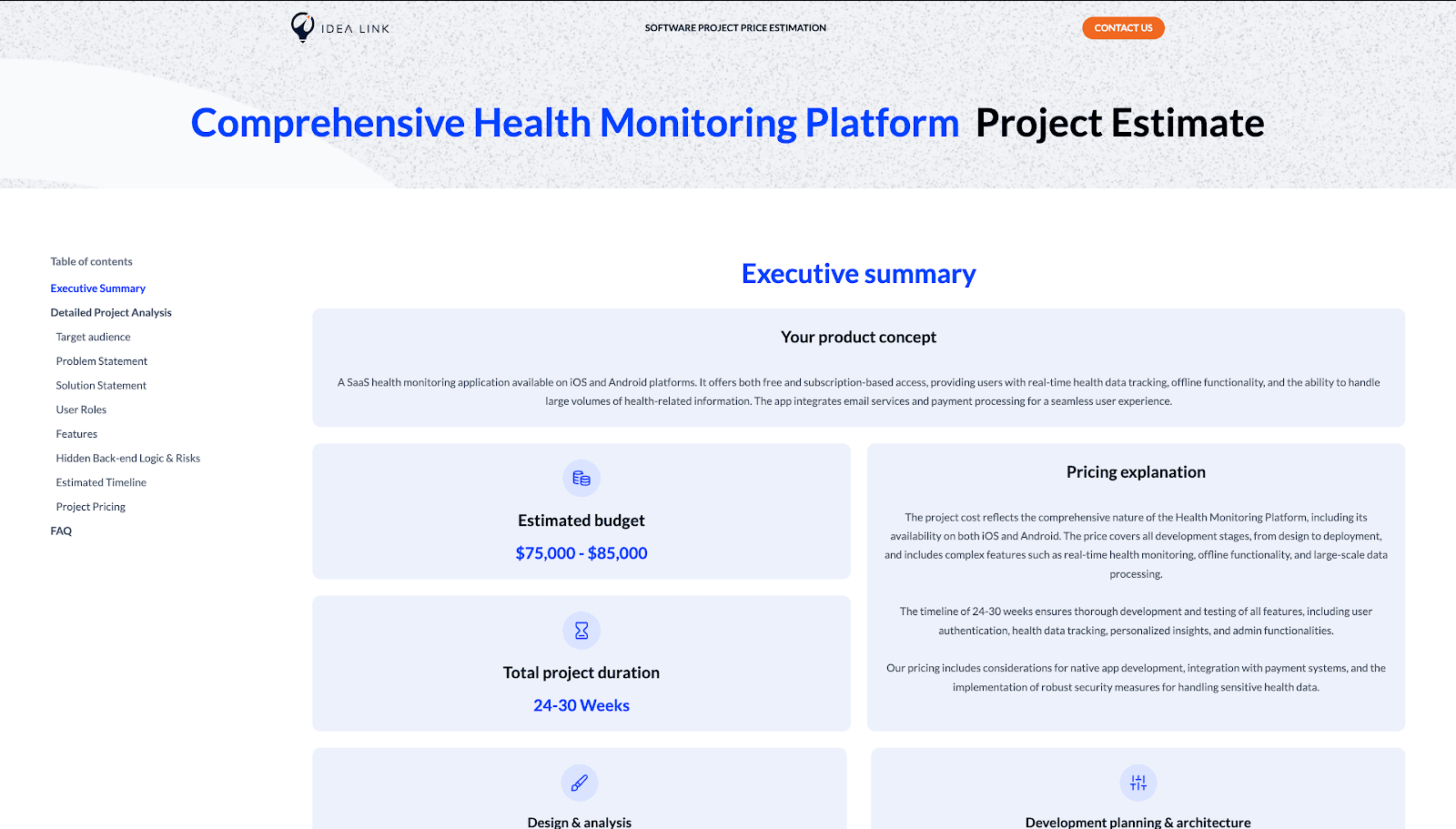 Health monitoring app estimate