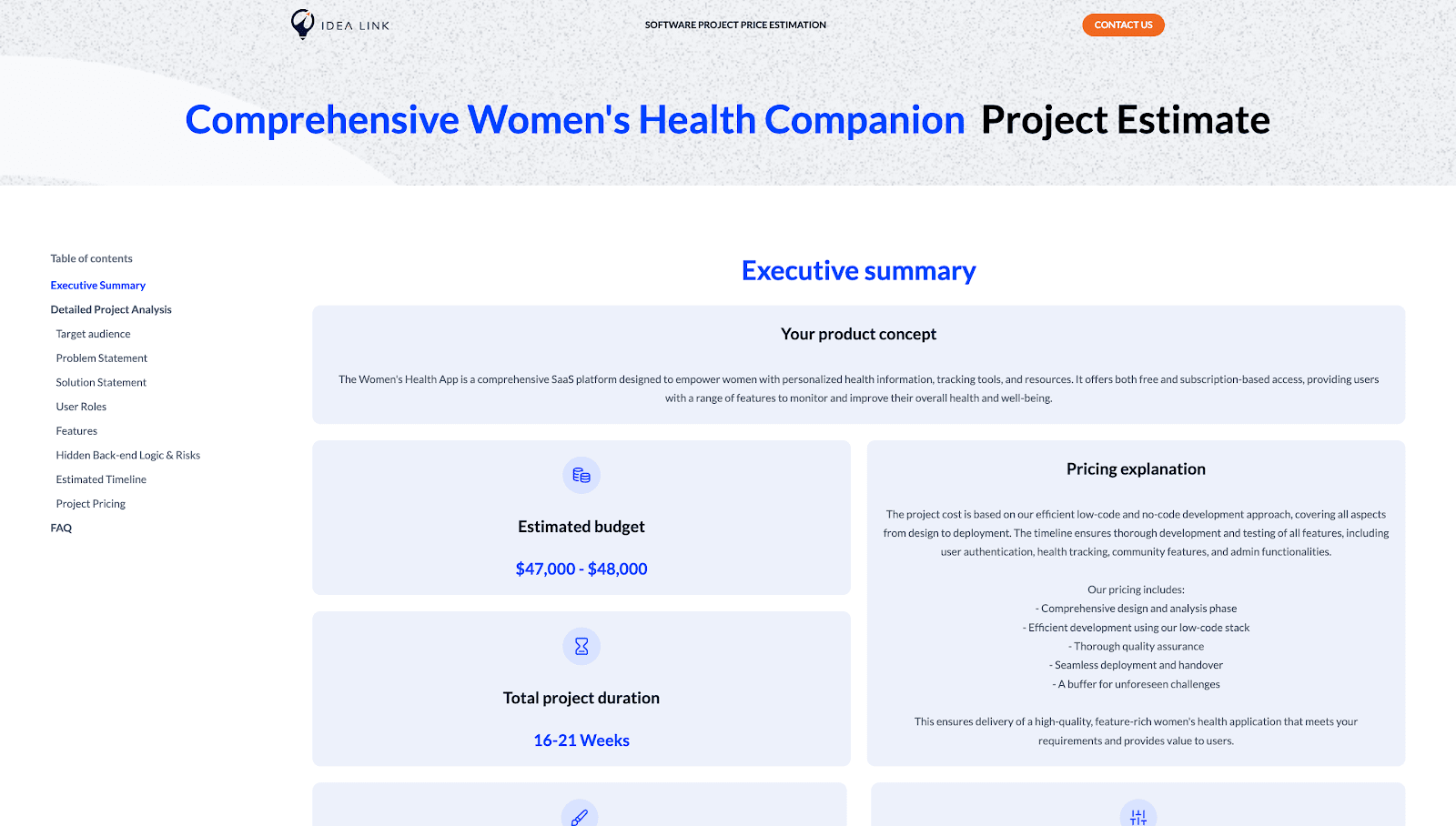 Womens heath app estimate