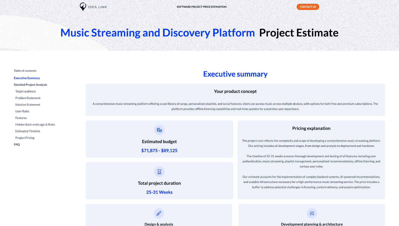 Music streaming app estimate