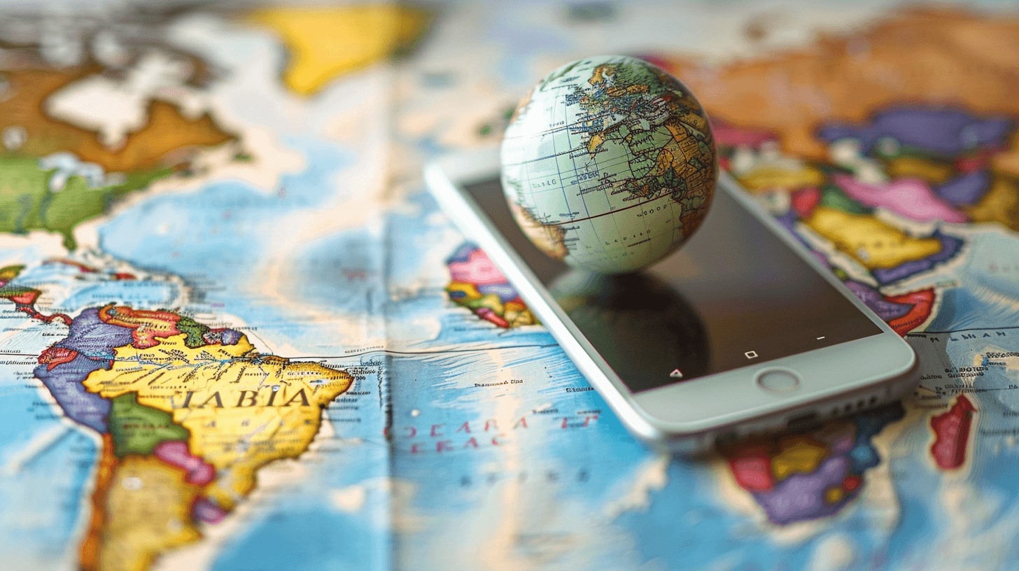 Phone on a world map