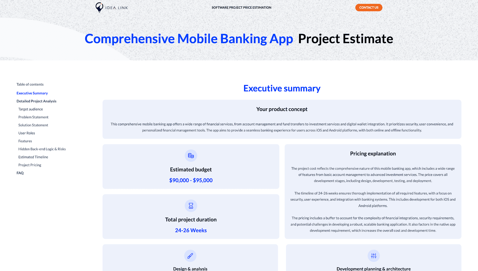 Banking app estimate