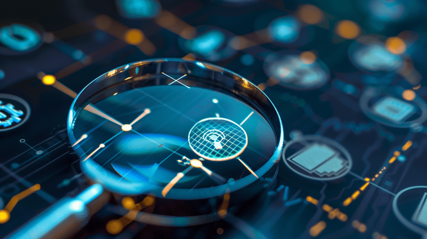 Magnifying glass pointed at an app interface