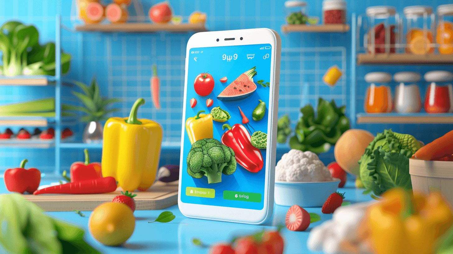 Grocery delivery app on a phone in a kitchen