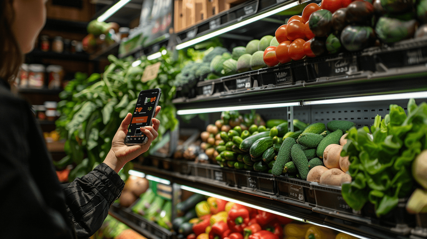 Person looking at a phone and groceries in a store