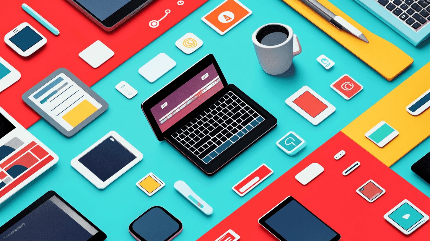 Many things like laptops, phones, icons on a table 