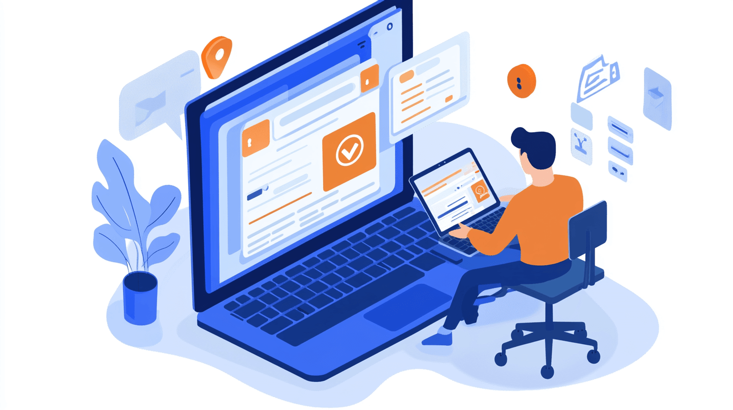 Person working on a huge laptop illustration