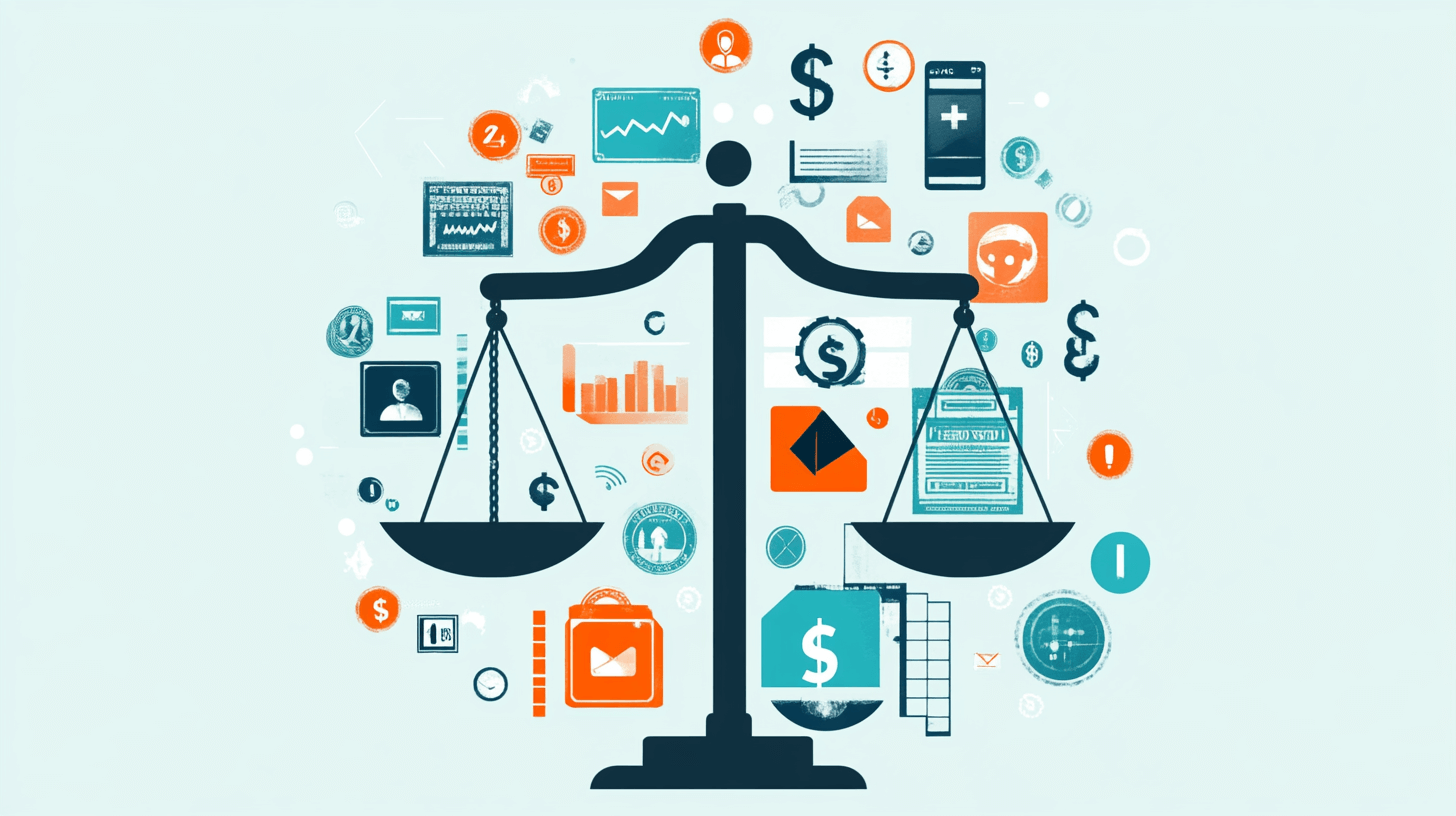 Weighing pros and cons of a finance app on a scale