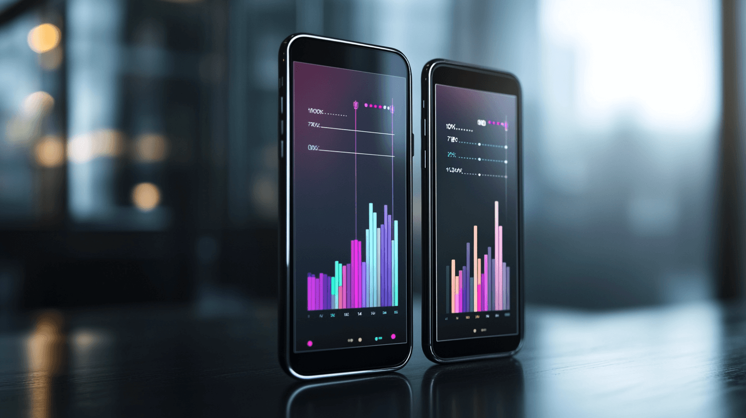 Two phones with statistics on them