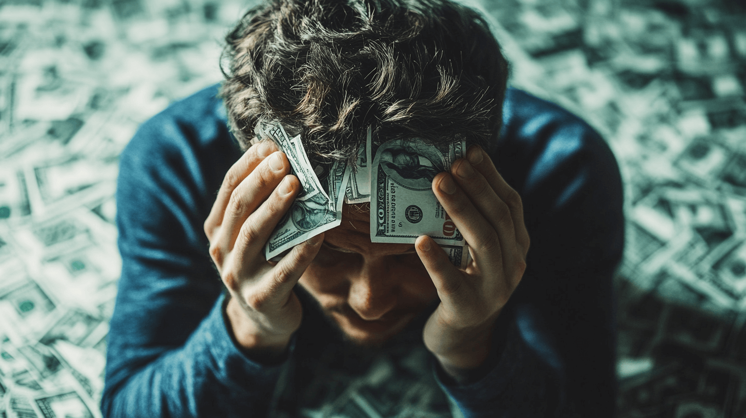 Confused person i a pit of money