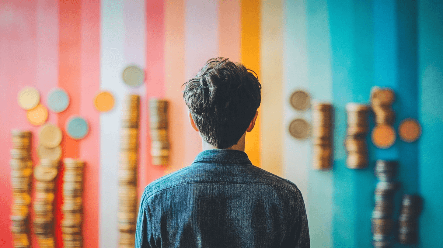Person looking at a lot of stacked coins