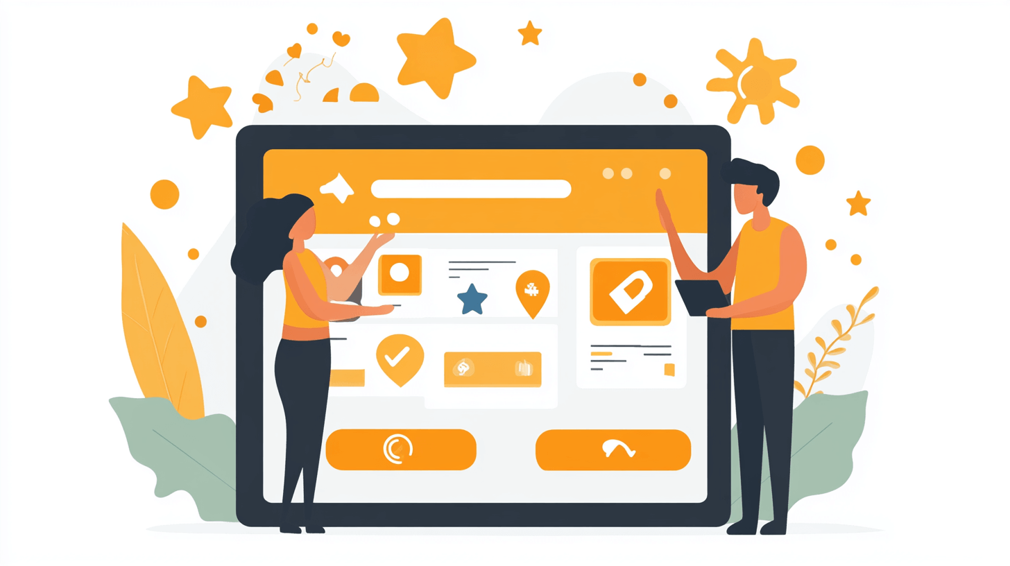 Two people point at a huges screen illustration