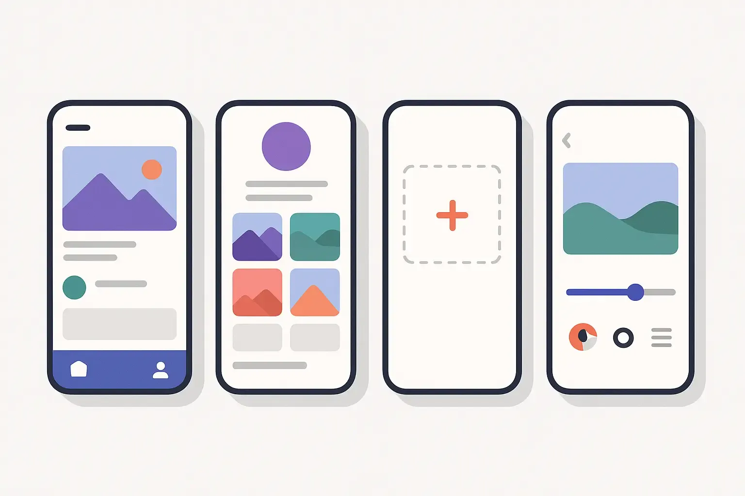 Minimalist collage of mobile screens showing feed, profiles, upload, and editing for a photo sharing app UI design.