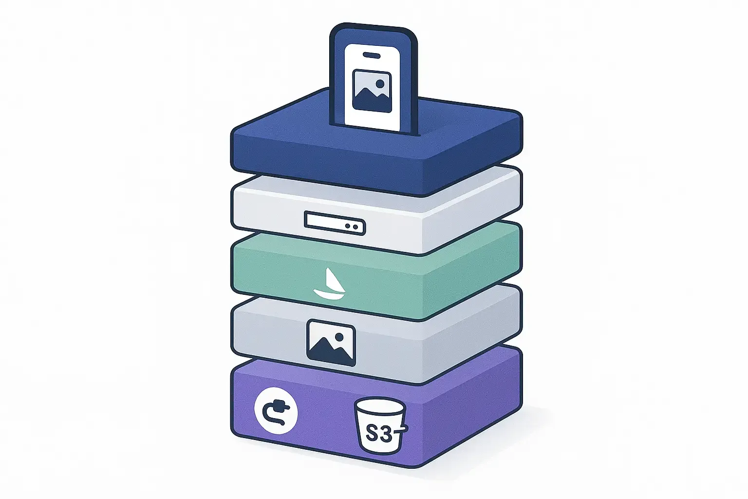 Minimal Notion-style stacked diagram of a photo app tech stack: frontend, backend, database, image, storage, real-time.