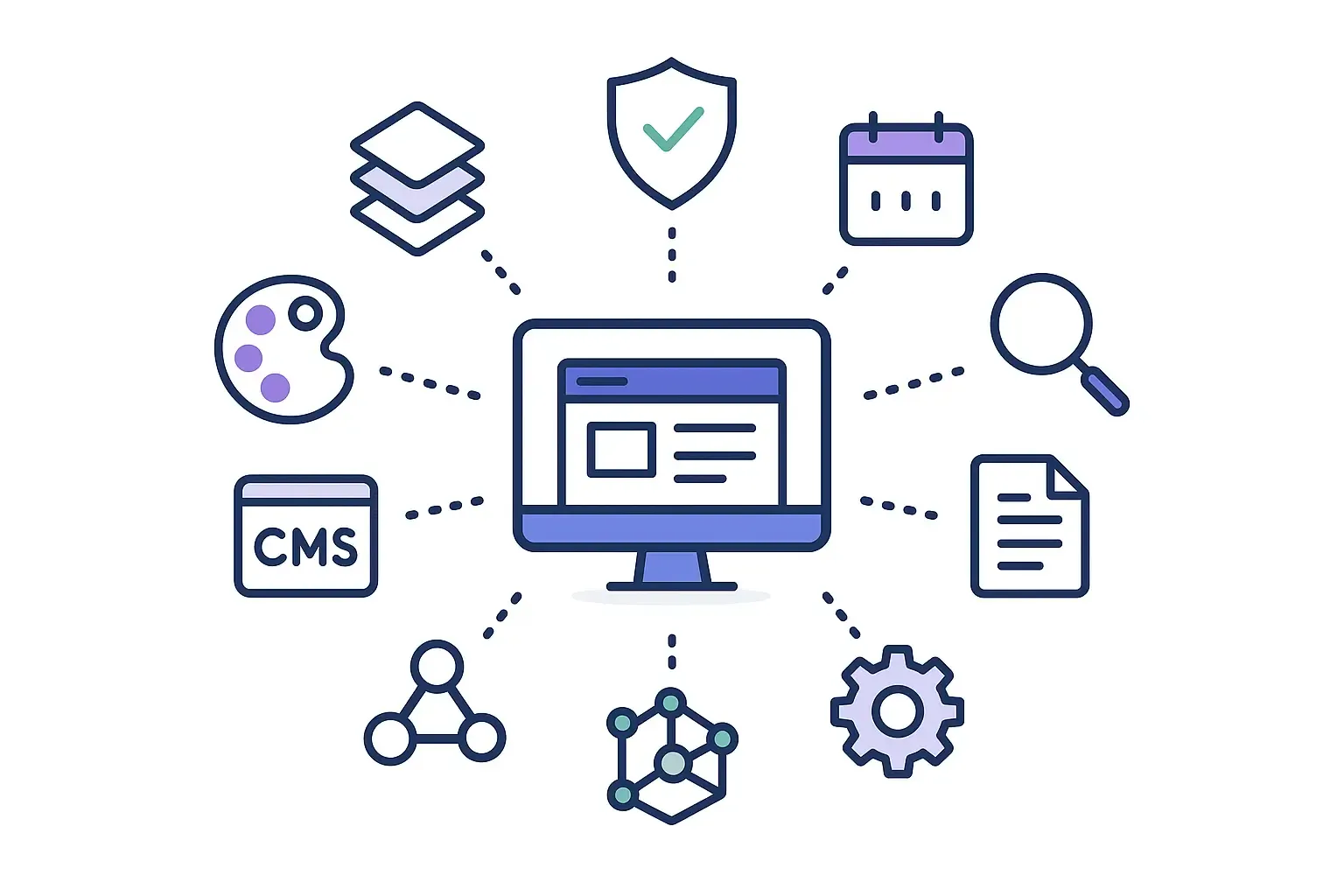 Minimal Notion-style diagram showing key factors affecting website development costs with distinct modern icons.