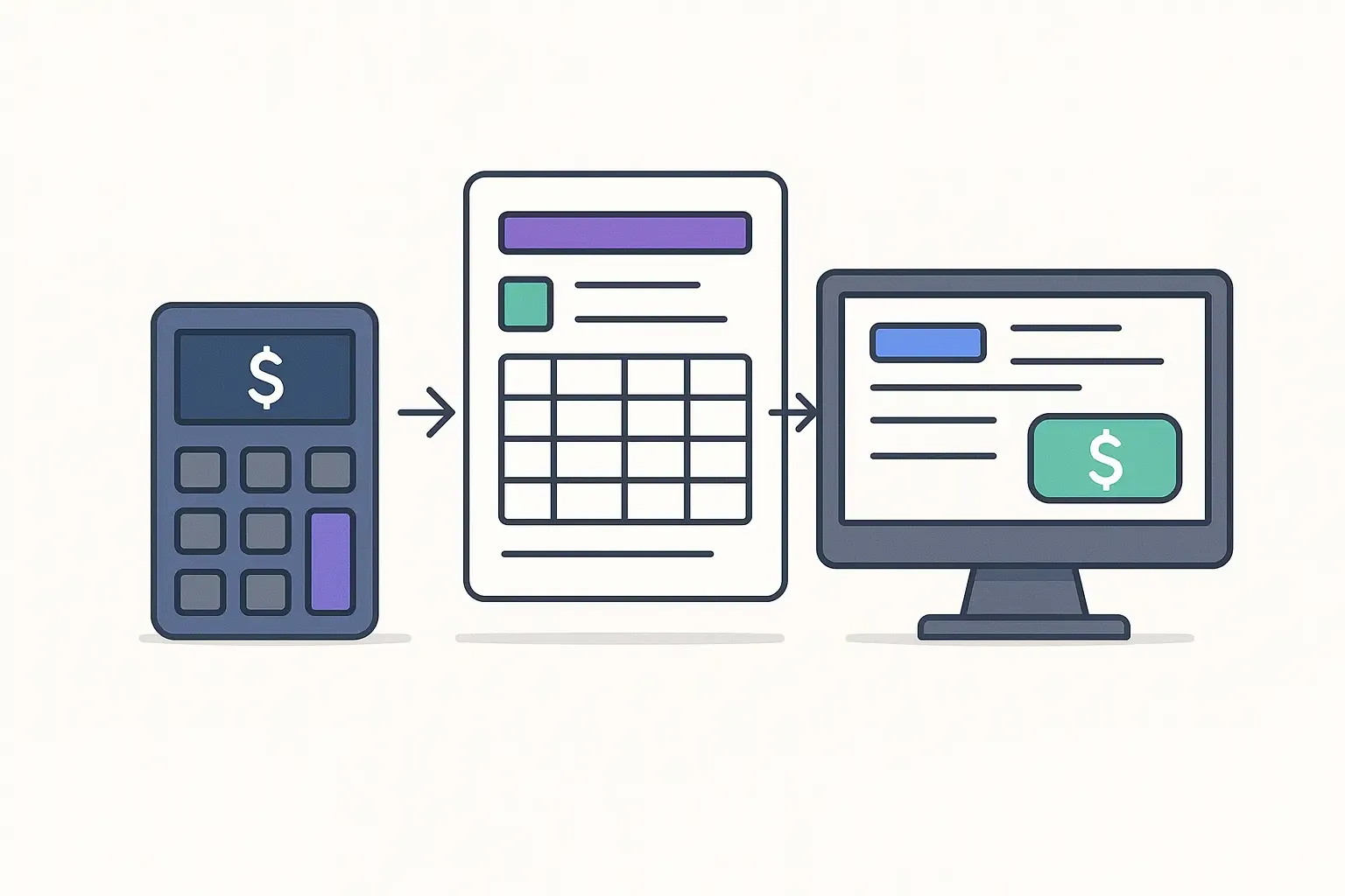 Minimalist illustration of website cost estimation tools: calculator, spreadsheet, and computer with input screens.