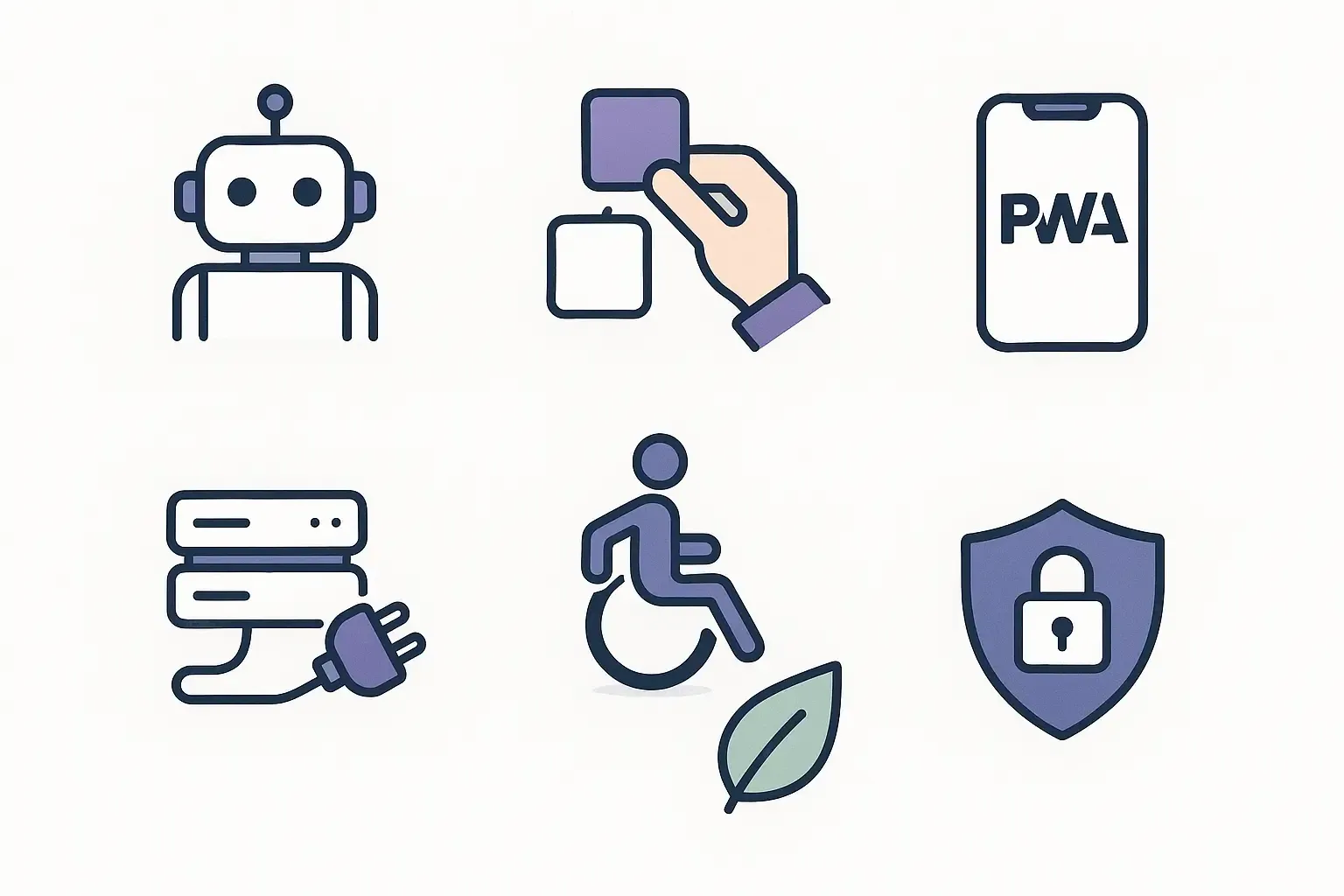 Minimal Notion-style illustration of icons for AI, no-code, PWA, headless CMS, accessibility, eco, and security trends.