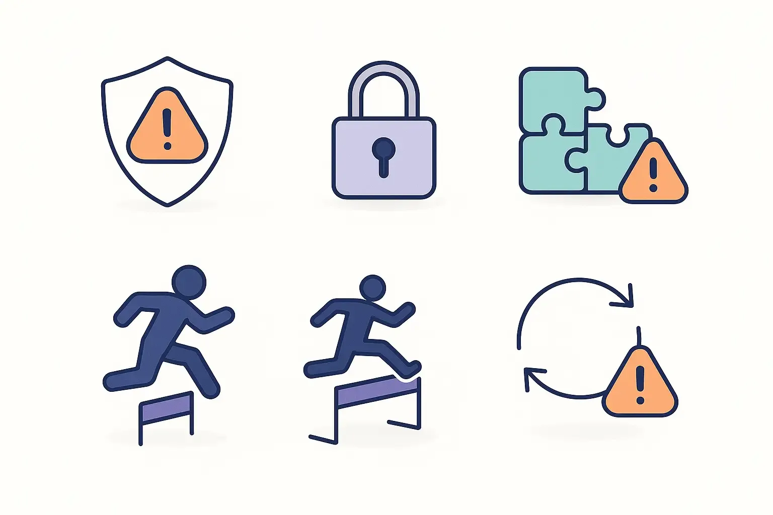 Minimal Notion-style infographic of 5 icons for common healthcare app challenges: compliance, security, integrations, adoption, updates.