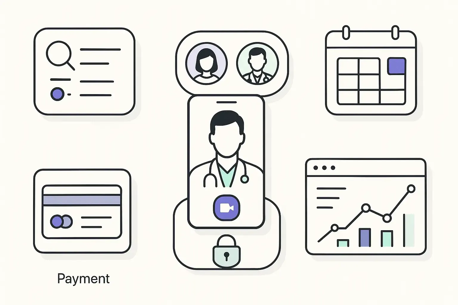 Minimal Notion-style UI mockup showing main features of a healthcare booking app using icons and feature blocks on light background.