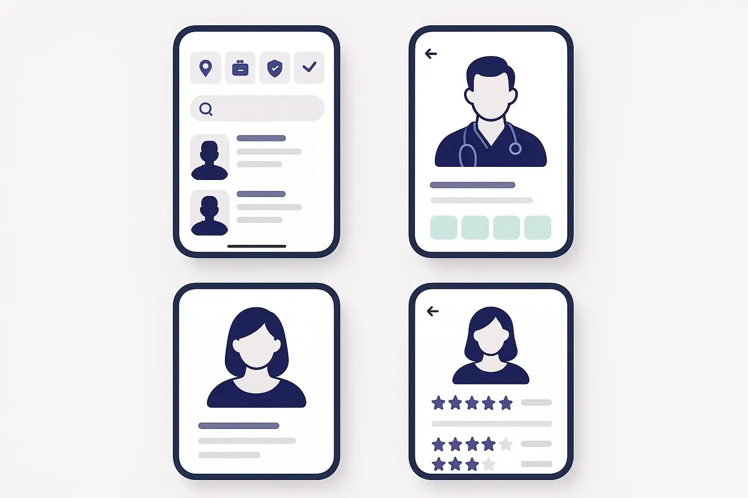 Minimal Notion-style mobile app UI with doctor search filters, profiles, booking slots, and patient reviews for Zocdoc.