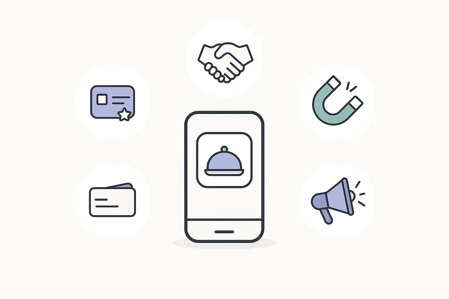 Minimalist infographic showing central app icon with icons for restaurant, magnet, loyalty, branding, and analytics.