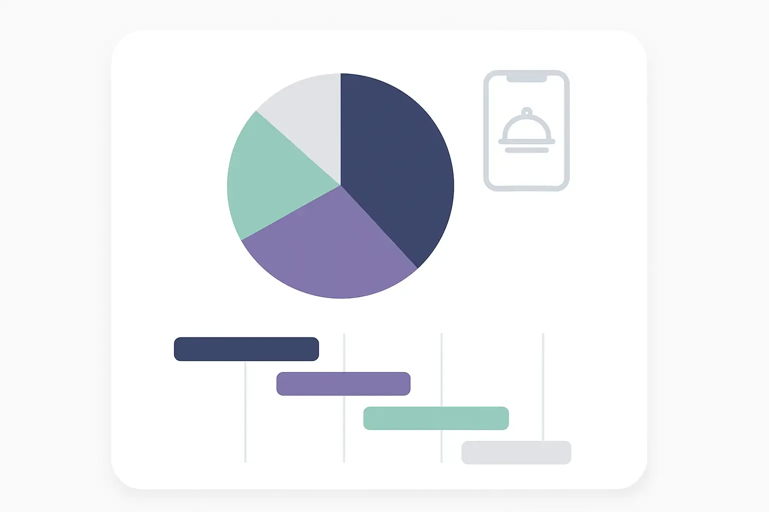 Minimal Notion-style pie chart and timeline showing food delivery app development costs and phases, in tech color palette.