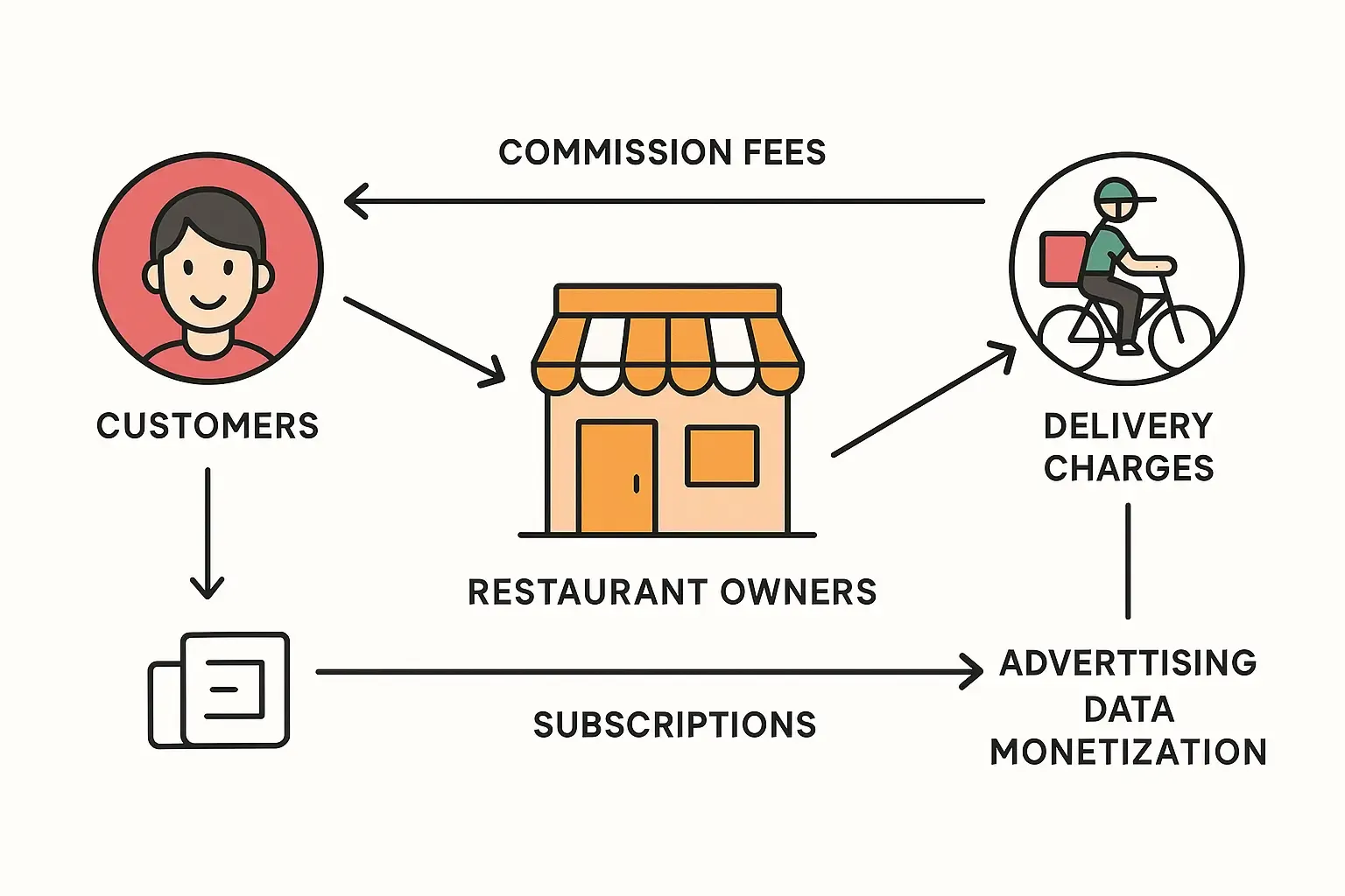 Minimal Notion-style illustration of Zomato's business model, showing customers, restaurants, delivery partners, and revenue flows.