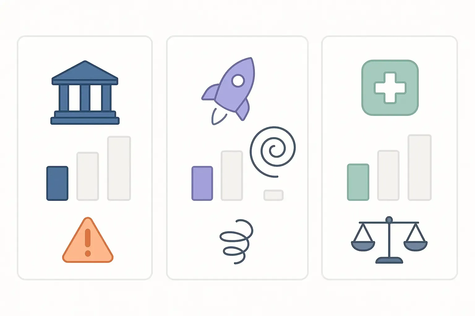 Three side-by-side panels compare bank, startup, and healthcare software projects with icons, cost bars, and visual cues.