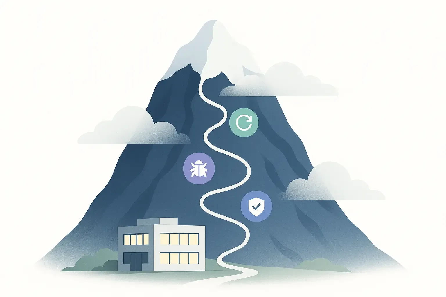Minimal Notion-style illustration of a cloud-covered mountain behind a software building, symbolizing hidden maintenance costs.