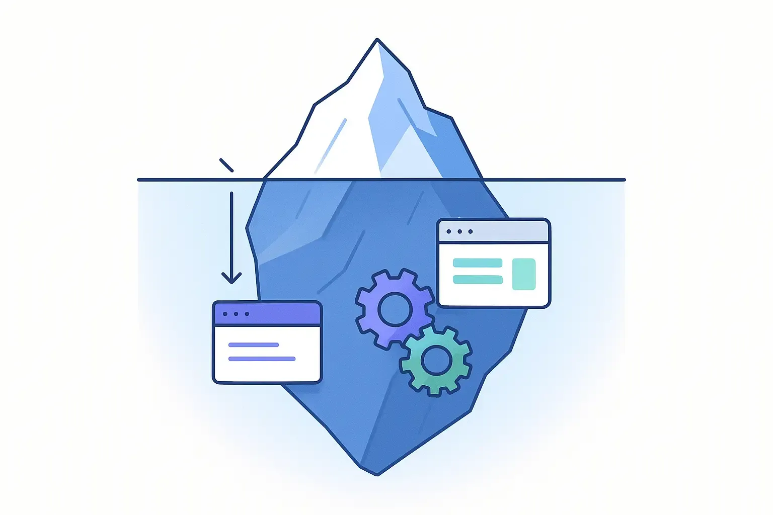 Minimal Notion-style iceberg showing small tip for upfront costs, large submerged base for maintenance, with subtle software icons.