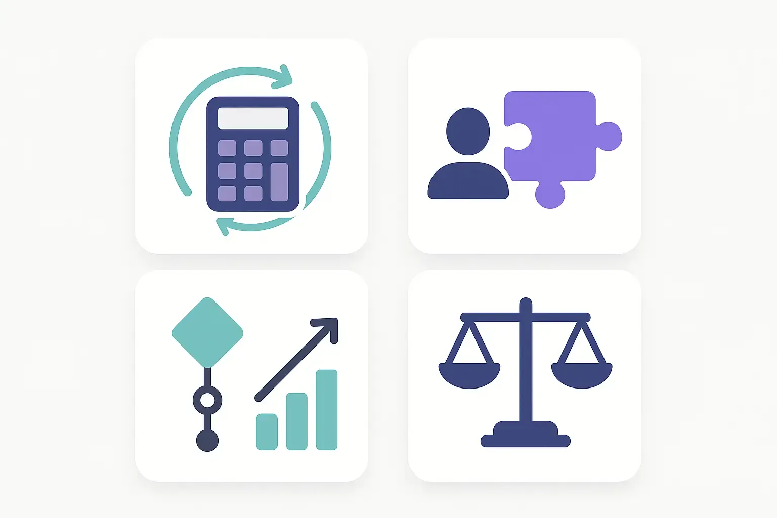 Minimal Notion-style diagram of four cost analysis methods: calculator, puzzle piece, algorithm, and value scale icons.
