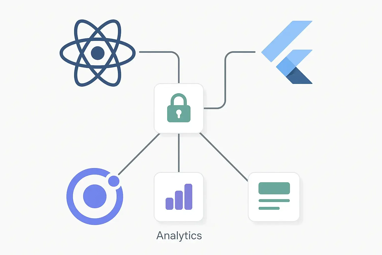 Minimal Notion-style illustration of open source app tool logos connected to icons for authentication, analytics, and UI elements.