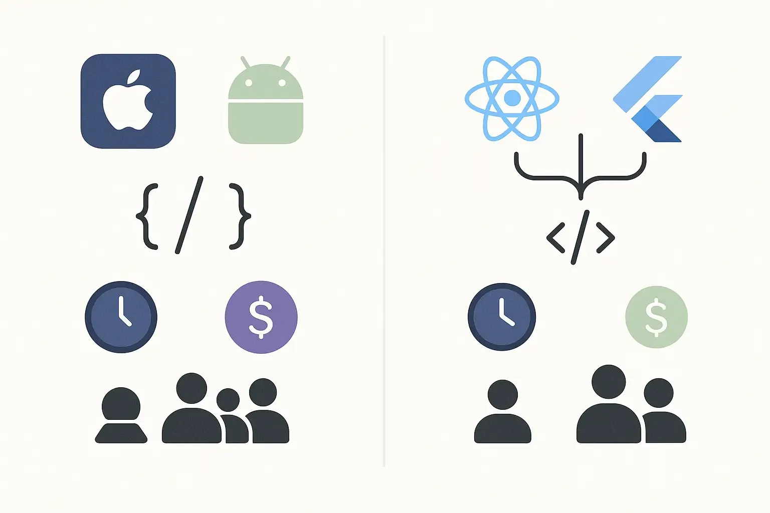 Side-by-side chart comparing native vs cross-platform mobile app development with icons, code branches, and platform logos.