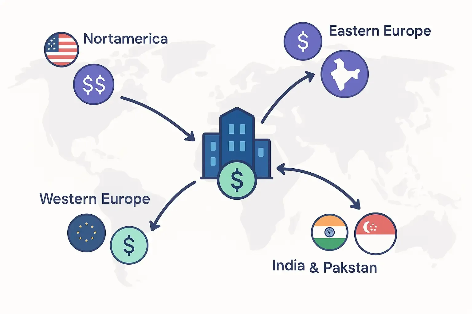 Minimal world map infographic showing global outsourcing hubs, cost markers, and arrows from a business to key regions.