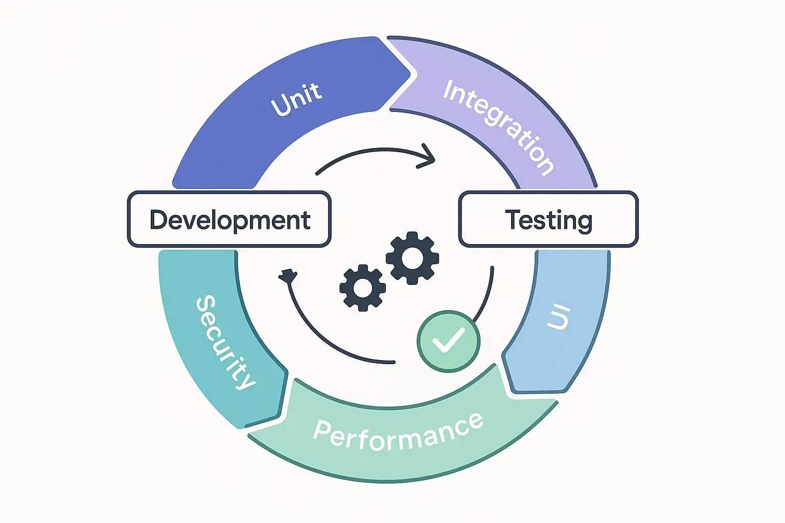 Minimal circular diagram of continuous mobile app testing stages with arrows looping between development and testing.