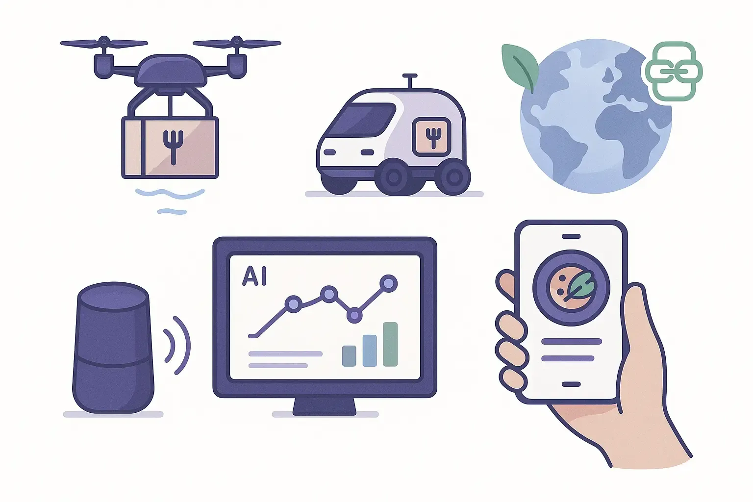 Minimalist illustration of AI-powered food delivery: drones, self-driving cars, AR menu on phone, and green blockchain globe.