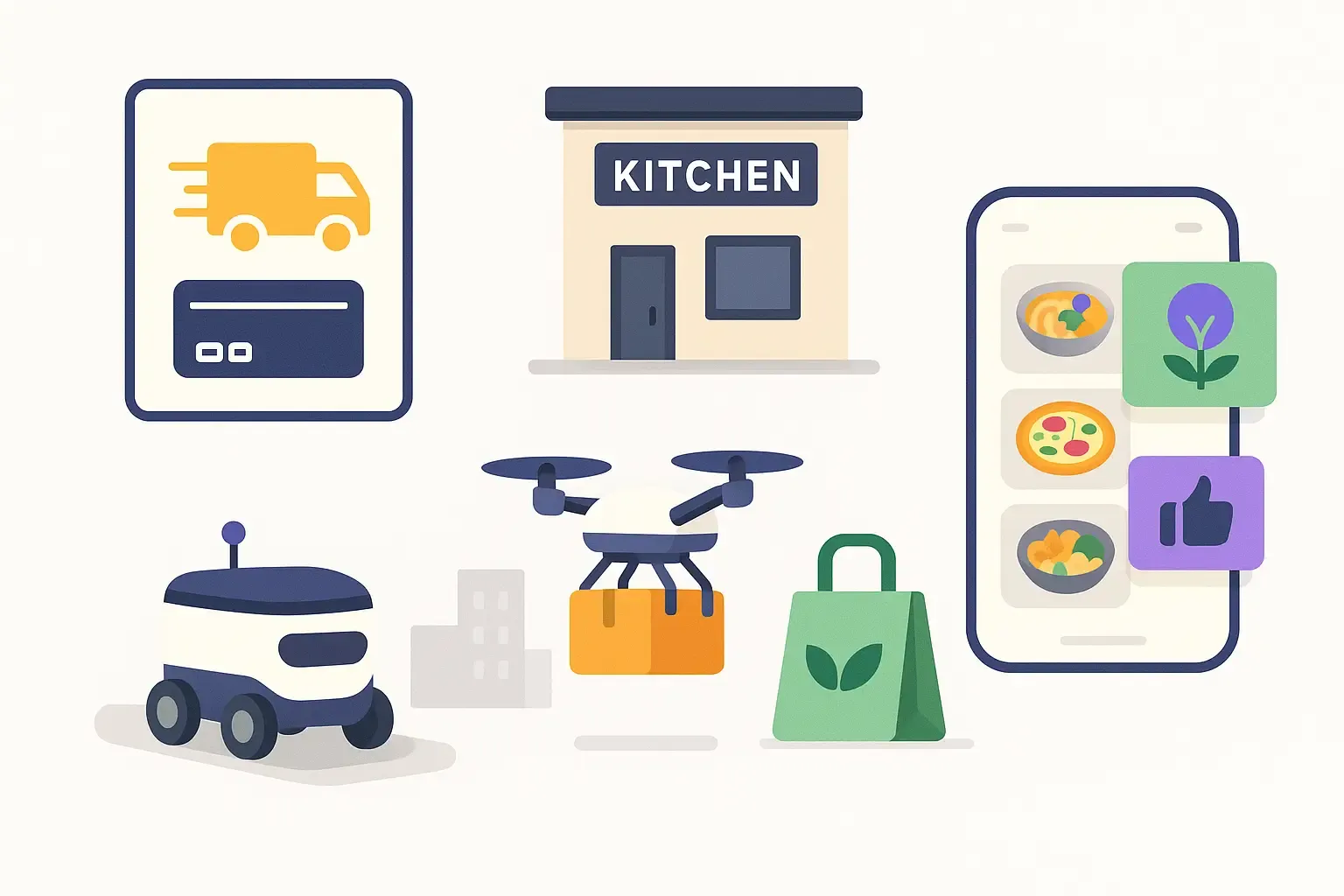 Minimal Notion-style collage of food delivery trends: subscription card, ghost kitchen, robot, drone, eco-packaging, AI pop-ups.